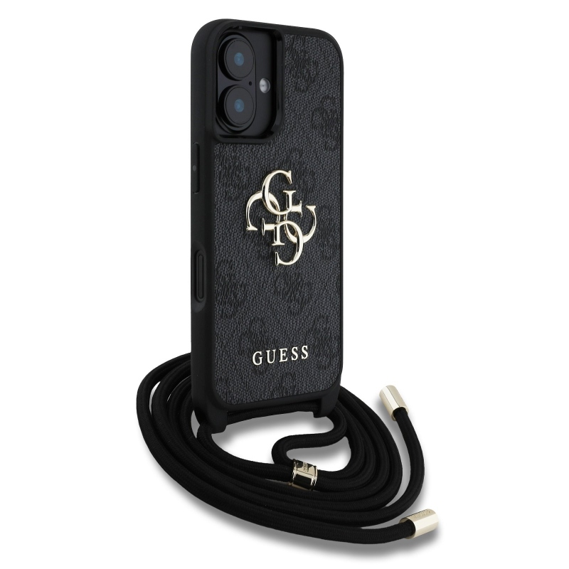 Guess PU 4G Kovové logo Crossbody Strap Zadný kryt pre iPhone 16 Black