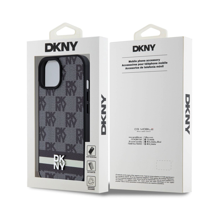 DKNY PU Leather Checkered Pattern and Stripe Zadný Kryt pre iPhone 15 Black