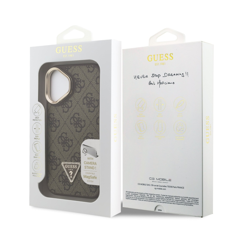 Guess PU 4G Strass Triangle Logo Stand Camera Frame MagSafe Zadný Kryt pre iPhone 16 Brown