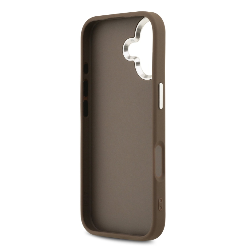 Guess PU 4G Kovový zadný kryt s logom pre iPhone 17 Silver Brown