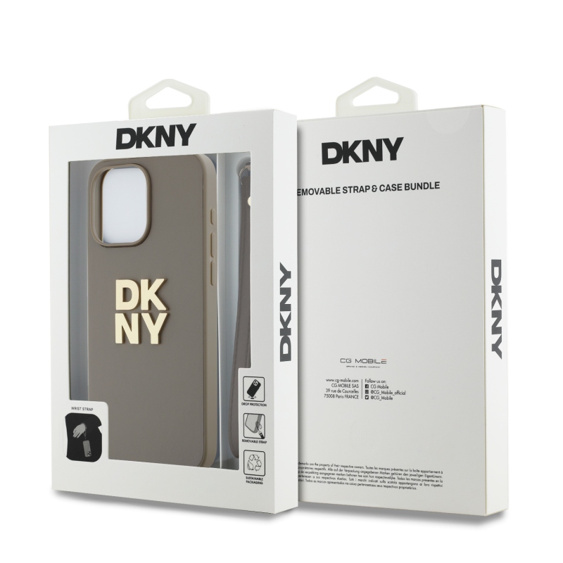 DKNY PU Leather Stack Logo Wrist Strap Zadný Kryt pre iPhone 15 Pro Beige