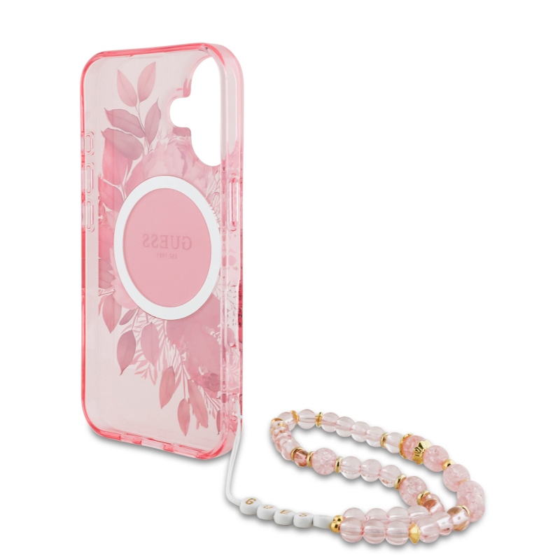 Guess IML Flowers Strap MagSafe zadný kryt pre iPhone 16 Plus Pink