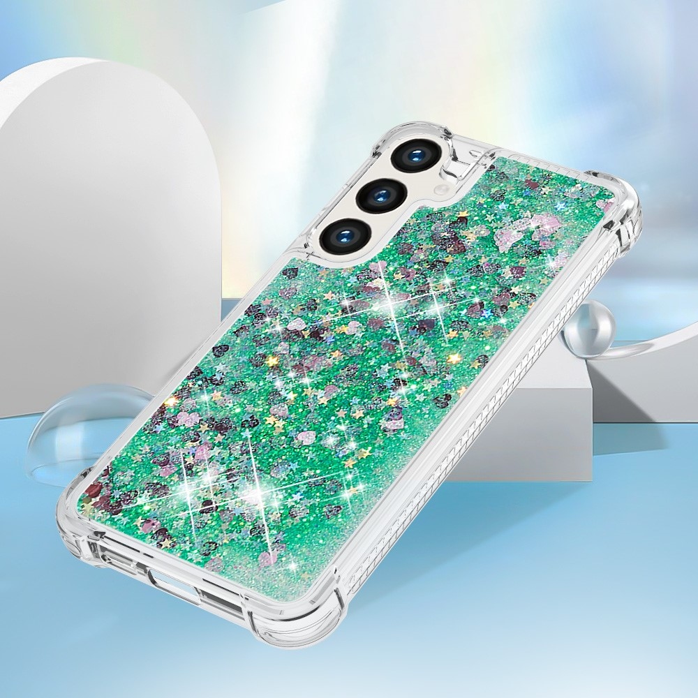 Glitter presýpací gélový obal na mobil Samsung Galaxy S24+ - zelený/srdiečka