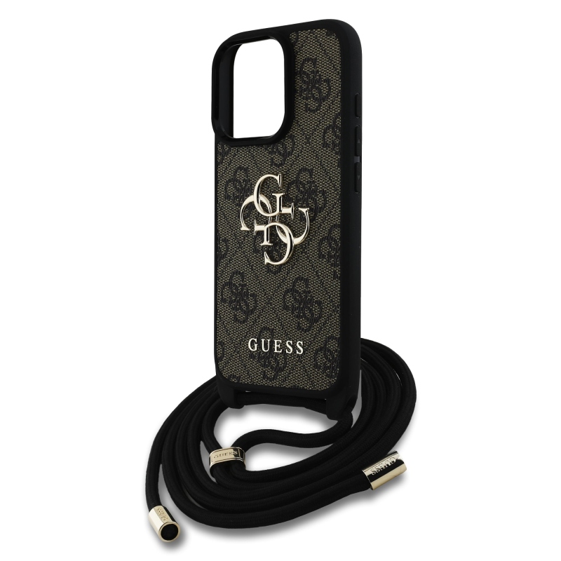 Guess PU 4G Kovové logo Crossbody Strap Zadný kryt pre iPhone 16 Pro Brown