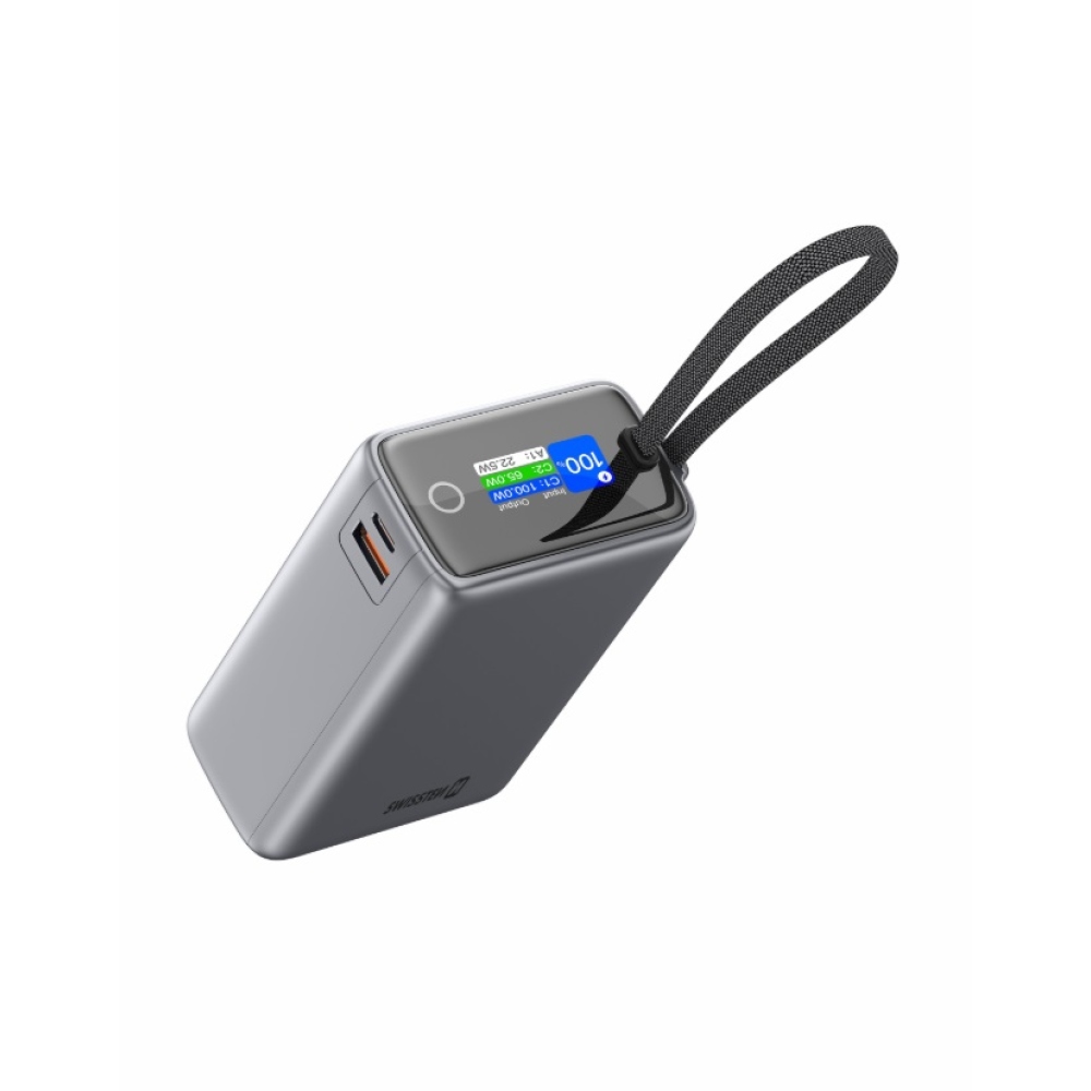 Swissten cestovná powerbanka 25000 mAh (96.25Wh) 100 W s integrovaným káblom USB-C - šedá