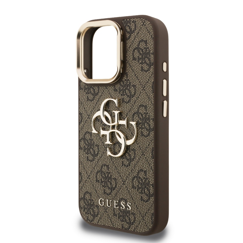 Guess PU 4G Metal Logo Stand Camera Frame Zadný Kryt pre iPhone 16 Pro Brown