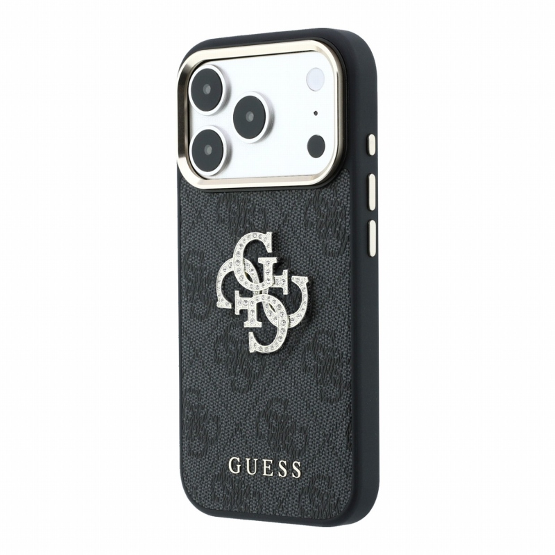 Guess PU 4G Strass Metal Logo zadný kryt pre iPhone 18 Pro, čierny