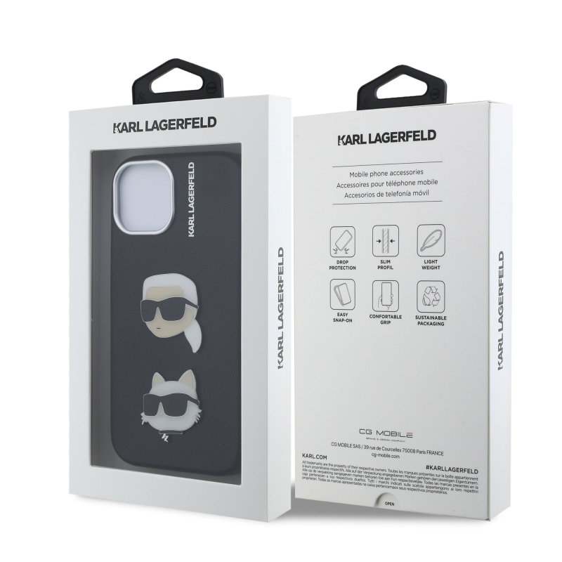 Karl Lagerfeld Grained PU K&CH Heads Zadný Kryt pre iPhone 15 Black
