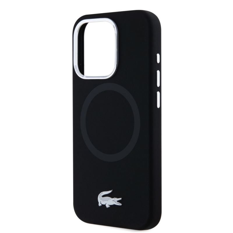 Lacoste Liquid Silicone Microfiber Silver Croc Logo MagSafe Zadný Kryt pre iPhone 15 Pro Max Black