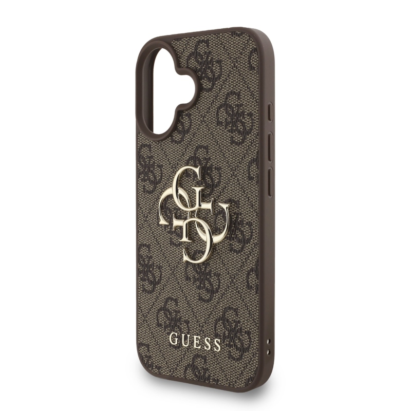 Guess PU 4G Metal Logo Strap Zadný Kryt pre iPhone 16 Brown