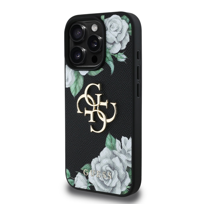 Guess PU Grained Roses 4G Metal Logo Zadný Kryt pre iPhone 16 Pro Black