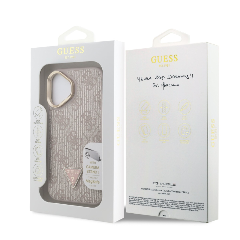 Guess PU 4G Strass Triangle Logo Stand Camera Frame MagSafe Zadný Kryt pre iPhone 16 Pink