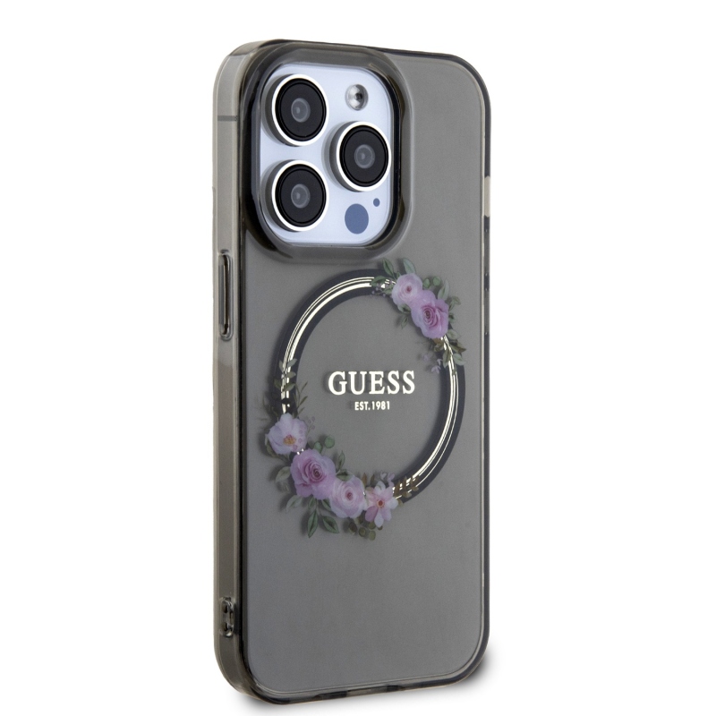 Guess PC/TPU Flowers Ring Glossy Logo MagSafe Zadný Kryt pre iPhone 13 Pro Black