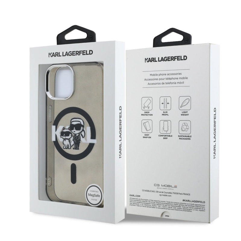 Karl Lagerfeld IML Glitter Karl and Choupette Sketch MagSafe Zadný Kryt pre iPhone 15 Black
