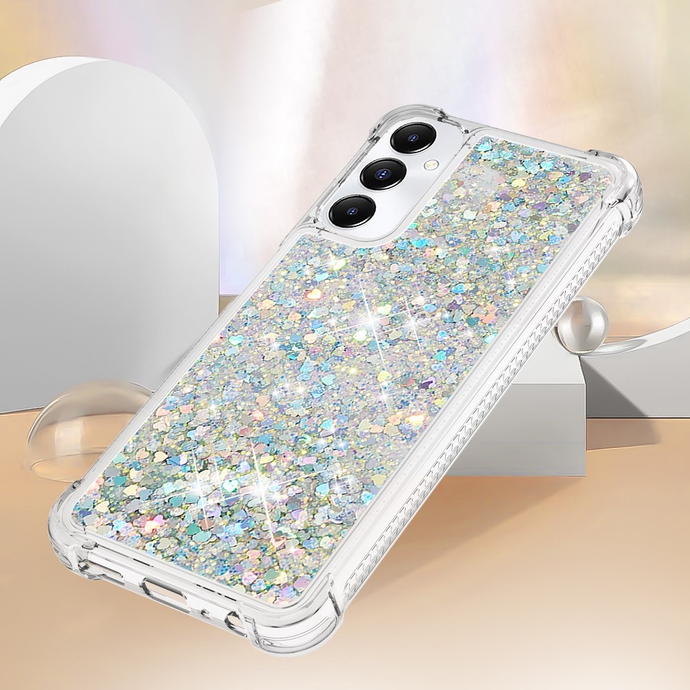 Glitter gélový presýpací obal na Samsung Galaxy A05s - strieborný/srdiečka