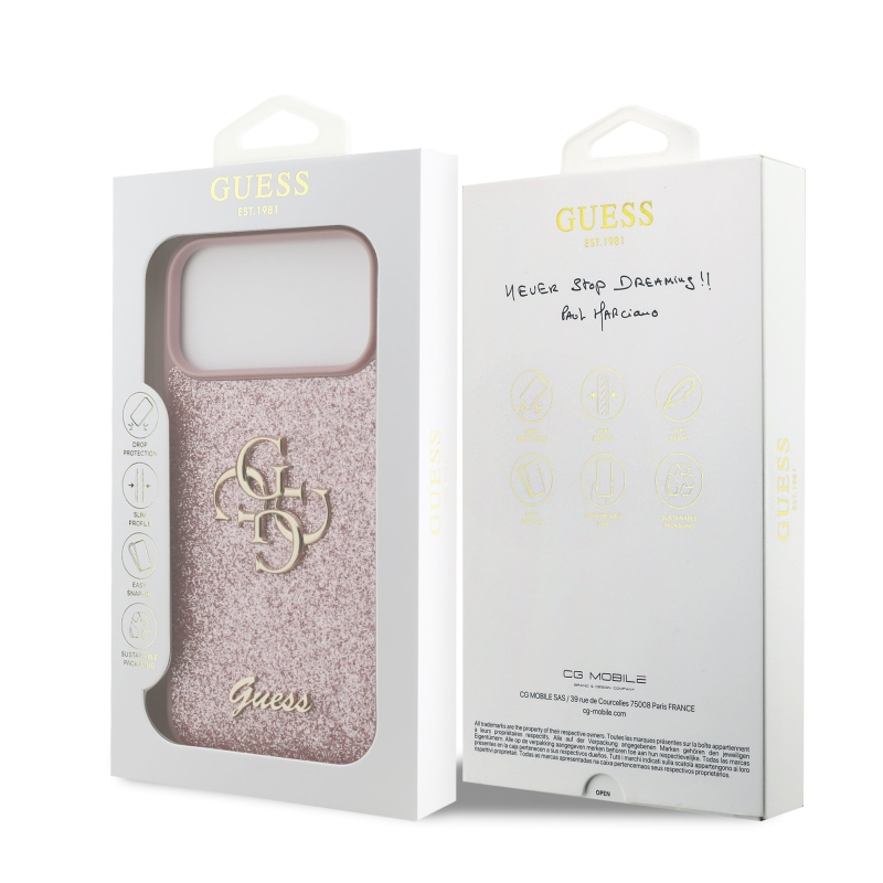 Guess PU Fixed Glitter 4G Metal Logo – zadný kryt pre iPhone 18 Pro Max v ružovej farbe