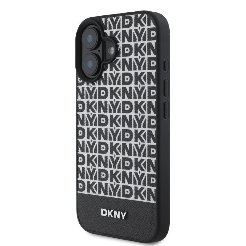 DKNY PU Leather Repeat Pattern Bottom Stripe MagSafe Zadný Kryt pre iPhone 16 Black