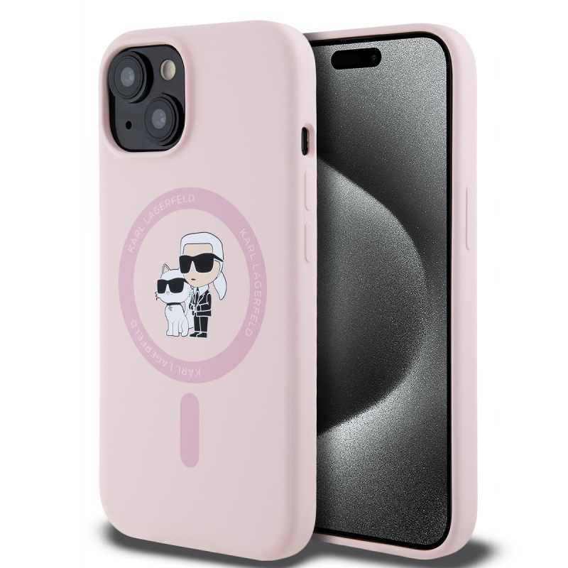 Karl Lagerfeld Liquid Silicone Karl and Choupette Magsafe Zadný Kryt pre iPhone 15 Pink