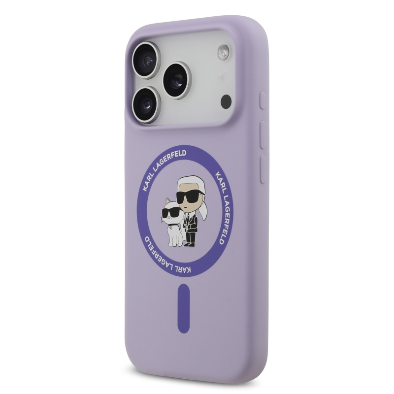 Karl Lagerfeld Tekutý silikónový kryt Karl and Choupette MagSafe pre iPhone 17 Pro Purple