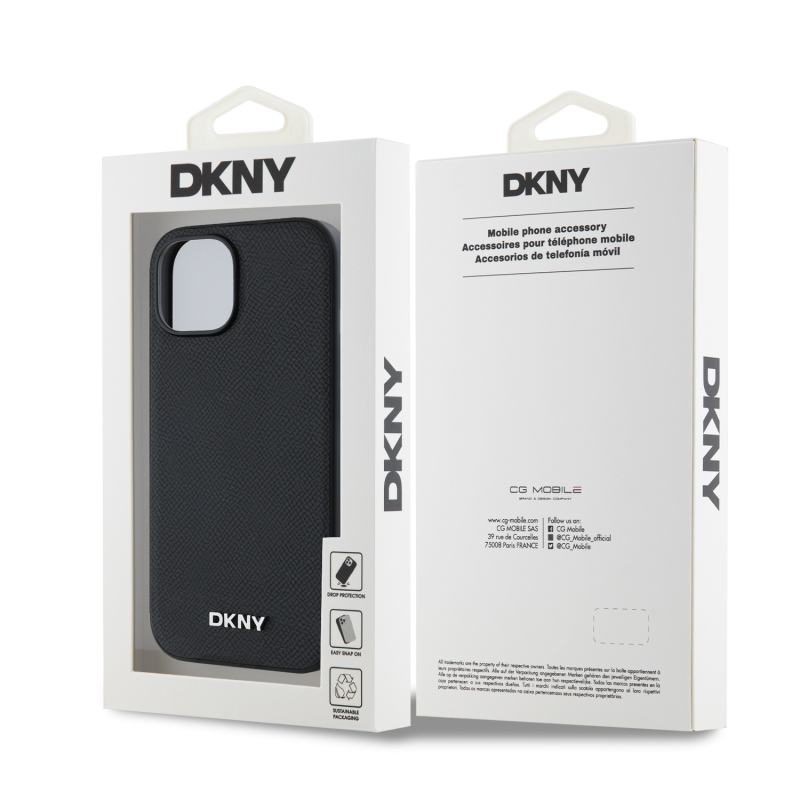 DKNY PU Leather Silver Metal Logo Magsafe Zadný Kryt pre iPhone 13 Black