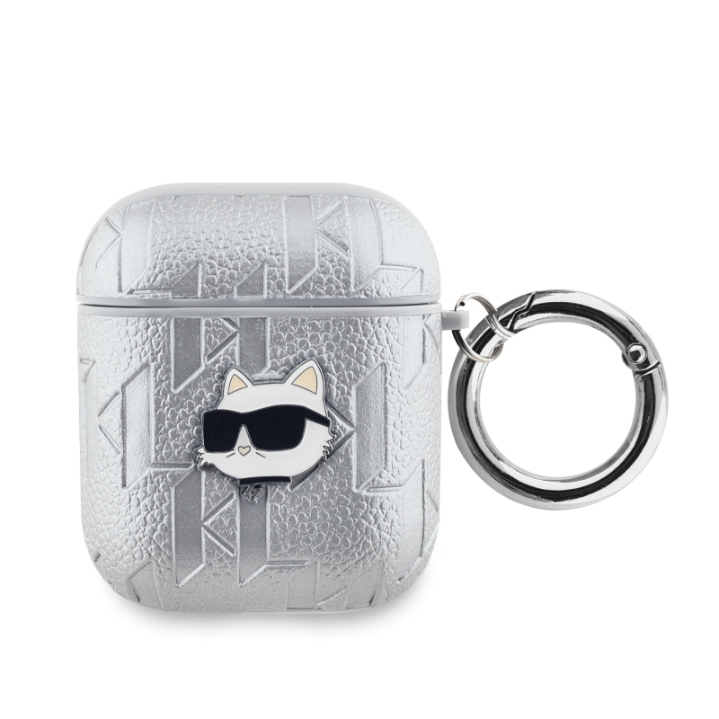 Karl Lagerfeld PU Embossed Choupette Head Puzdro pre AirPods 1/2 Silver