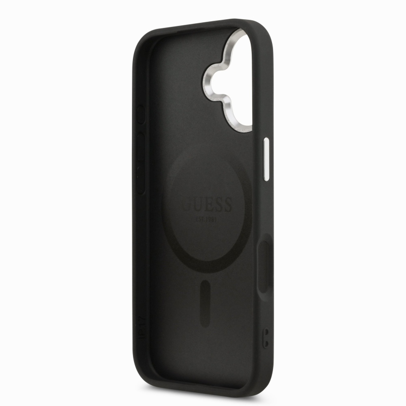 Guess PU kožený zadný kryt MagSafe s trojuholníkovým logom pre iPhone 17 Black