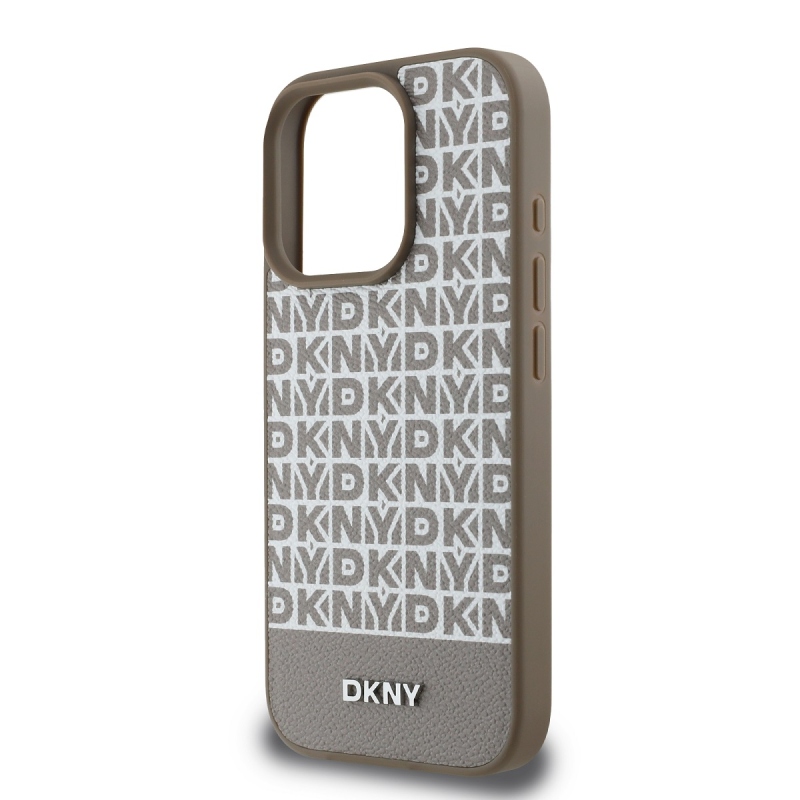 DKNY PU Leather Repeat Pattern Bottom Stripe MagSafe Zadný Kryt pre iPhone 16 Pro Max Brown