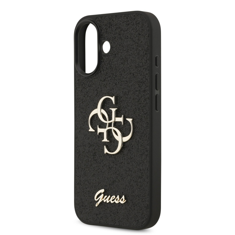 Guess PU pevný zadný kryt s kovovým logom 4G s trblietkami pre iPhone 17 Black