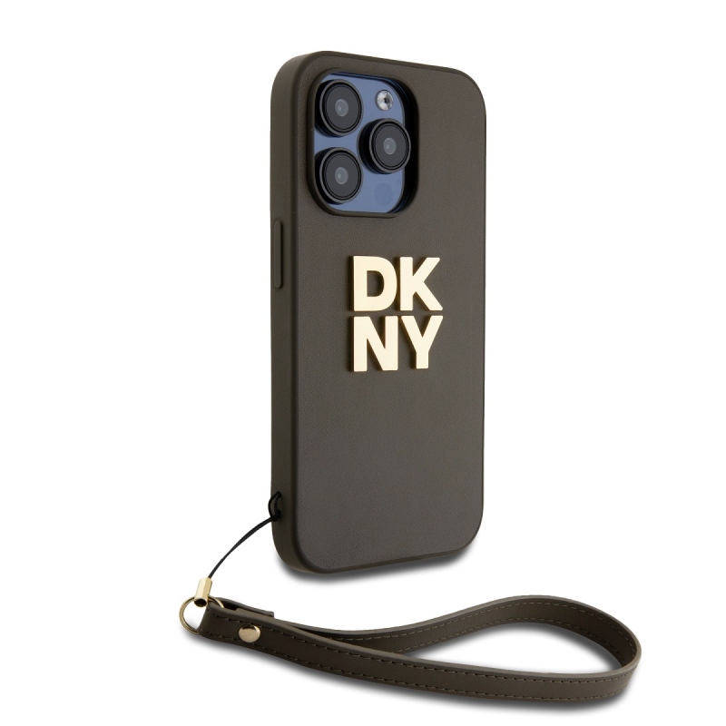 DKNY PU Leather Stack Logo Wrist Strap Zadný Kryt pre iPhone 14 Pro Brown