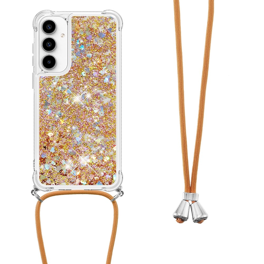 Glitters presýpacie gélový obal so šnúrkou na Samsung Galaxy A56 5G - zlatý/srdiečka