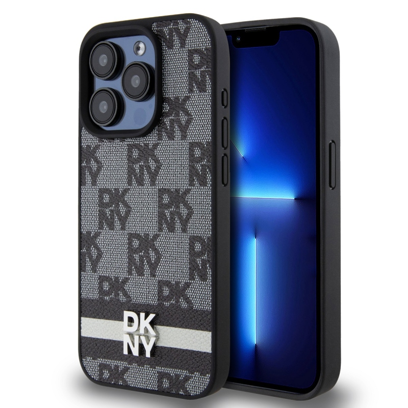 DKNY PU Leather Checkered Pattern and Stripe Zadný Kryt pre iPhone 14 Pro Max Black