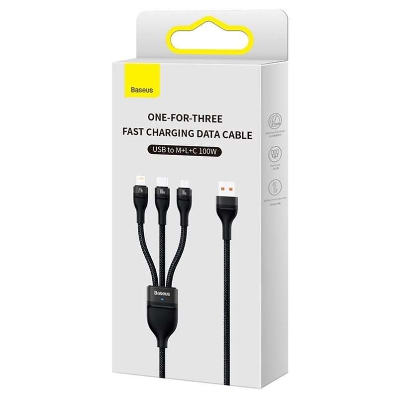 Baseus CASS030001 Flash Series 3v1 Kábel USB-A na USB-C, Lightning, MicroUSB 100W 1.2m Black