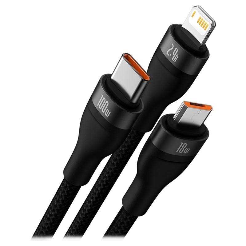 Baseus CASS030001 Flash Series 3v1 Kábel USB-A na USB-C, Lightning, MicroUSB 100W 1.2m Black