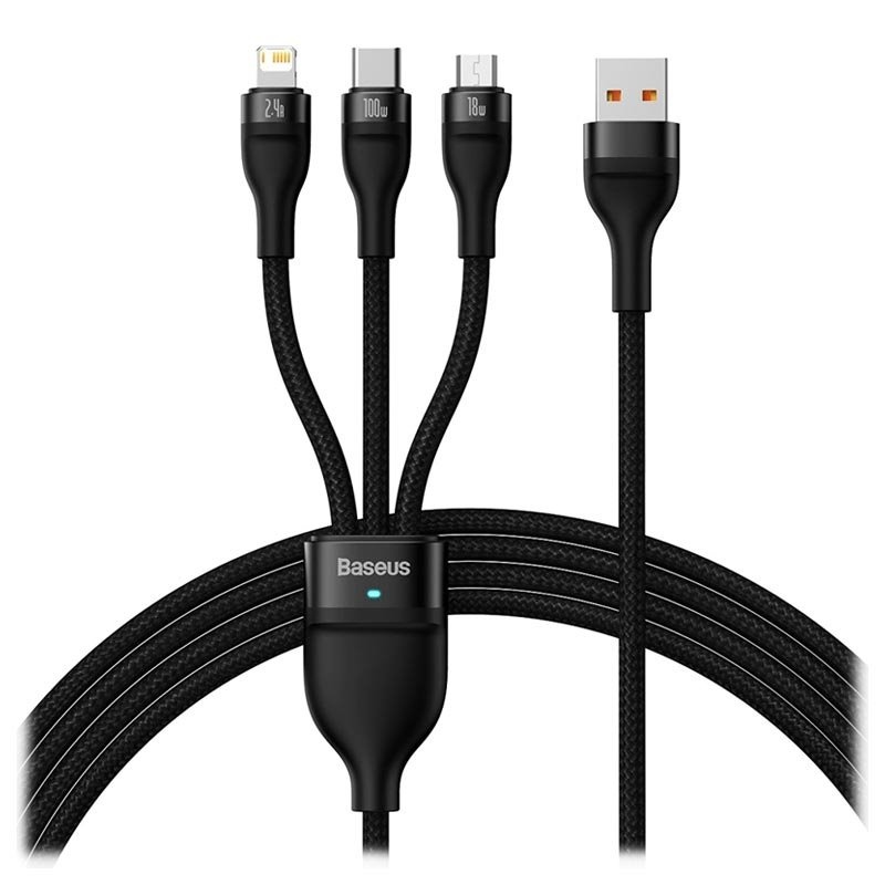 Baseus CASS030001 Flash Series 3v1 Kábel USB-A na USB-C, Lightning, MicroUSB 100W 1.2m Black
