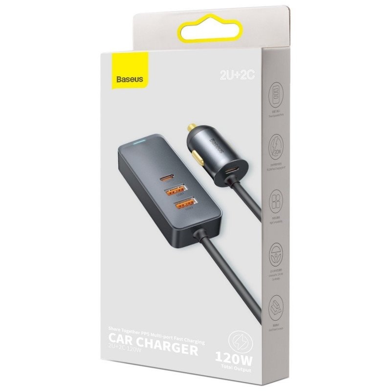 Baseus CCBT-B0G Rychlá Nabíječka do Auta s Prodlužovacím Kabelem 120W 3x USB +1xUSB-C Gray