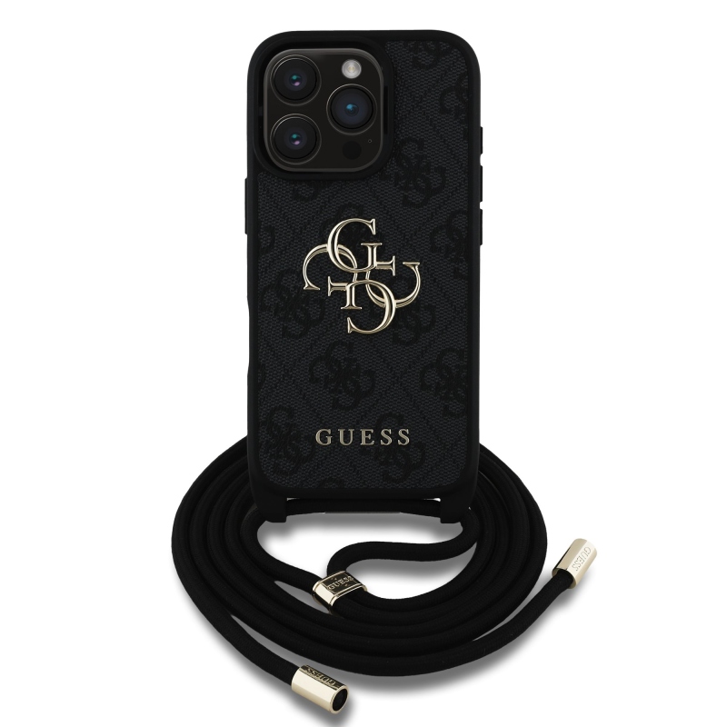 Guess PU 4G Kovové logo Crossbody Strap Zadný kryt pre iPhone 16 Pro Max Black