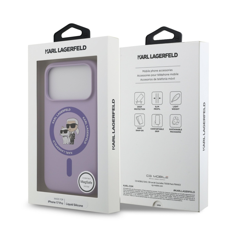 Karl Lagerfeld Tekutý silikónový kryt Karl and Choupette MagSafe pre iPhone 17 Pro Purple