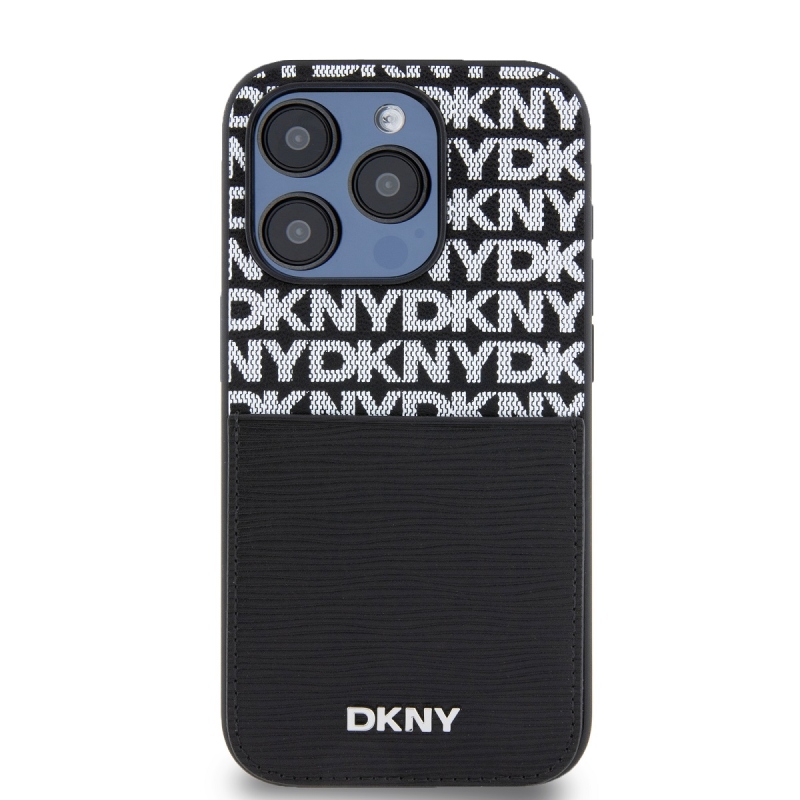 DKNY PU Leather Repeat Pattern Card Pocket Zadný Kryt pre iPhone 15 Pro Black