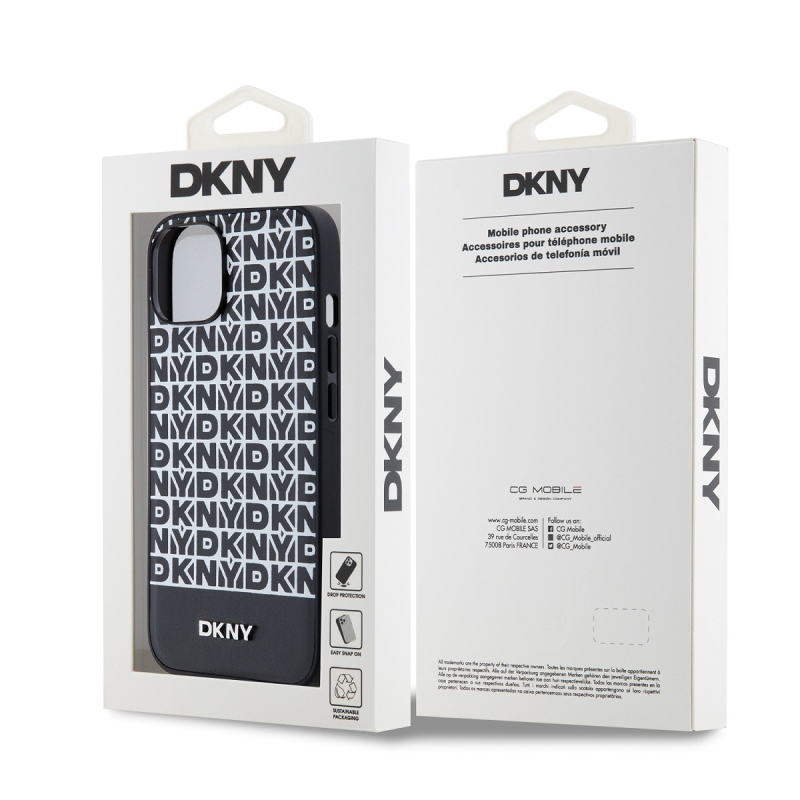 DKNY PU Leather Repeat Pattern Bottom Stripe MagSafe Zadný Kryt pre iPhone 13 Black