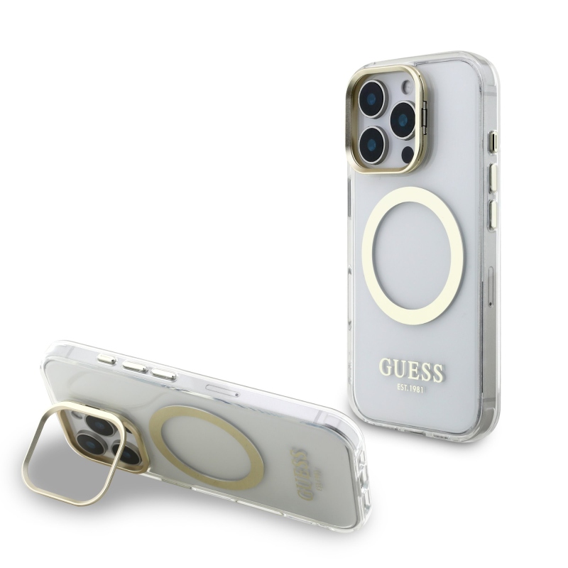 Guess IML Gold Outline Stand Camera Frame MagSafe Zadný Kryt pre iPhone 16 Pro Max Transparent