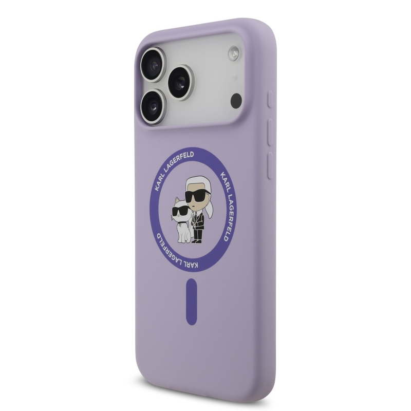 Tekutý silikónový kryt Karl Lagerfeld Karl and Choupette MagSafe Back Cover pre iPhone 17 Pro Max Purple