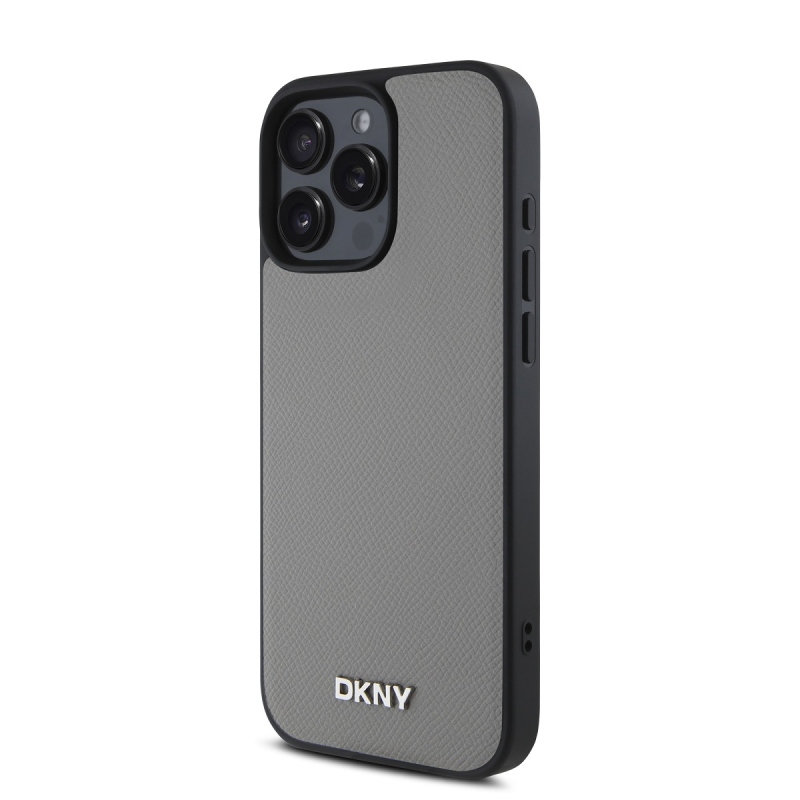 DKNY PU Leather Silver Metal Logo Magsafe Zadný Kryt pre iPhone 16 Pro Grey