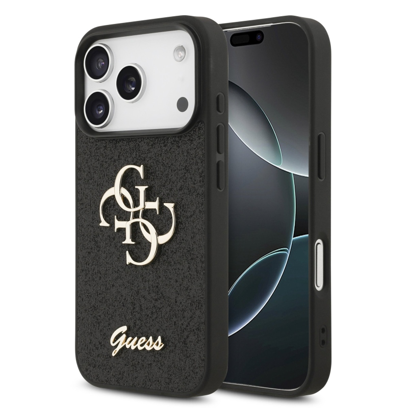 Guess PU Pevný zadný kryt s kovovým logom 4G Glitter pre iPhone 17 Pro Black