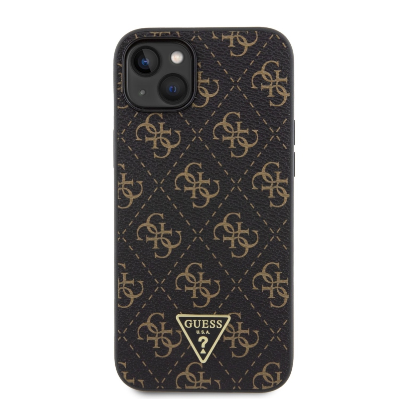 Guess PU 4G Triangle Metal Logo Zadný kryt pre iPhone 15 Plus Black
