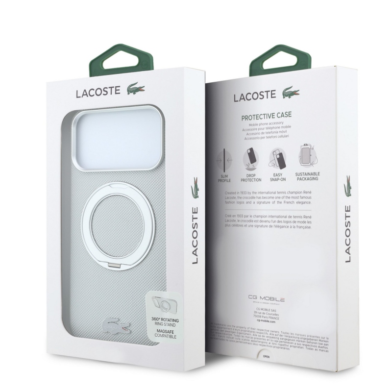 Lacoste PVC Petit Pique Semi Wrap Ring Stand MagSafe zadný kryt pre iPhone 18 Pro, svetlošedý