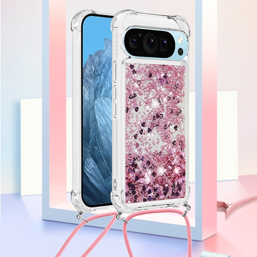 Glitters presýpací gélový obal so šnúrkou na Google Pixel 10 Pro/Pixel 10 - ružovozlatý/srdiečka