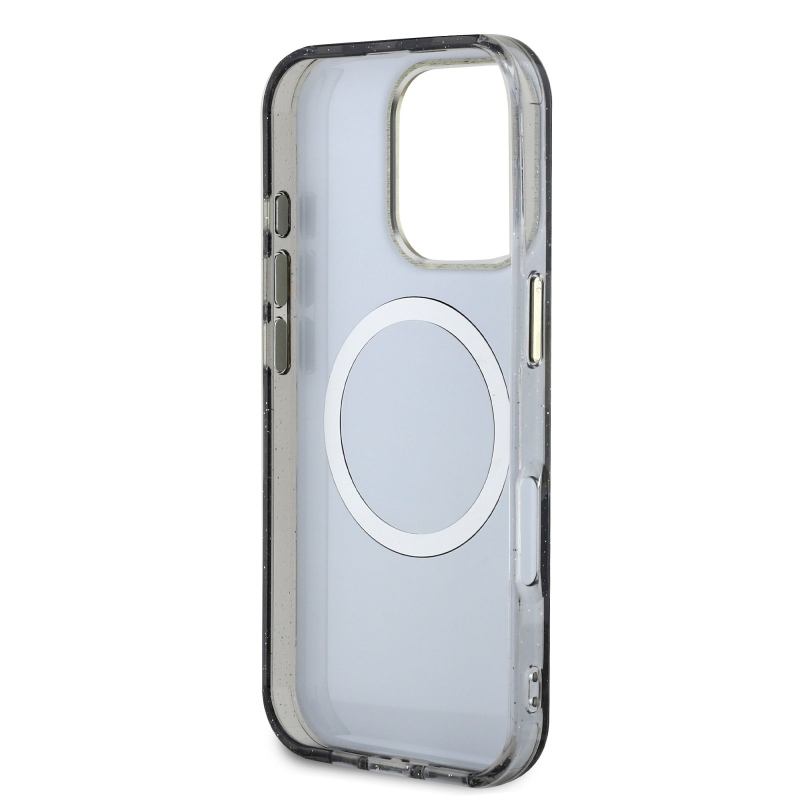 Guess IML Glitter Magnolia and Triangle Logo MagSafe zadný kryt pre iPhone 16 Pro Max Black