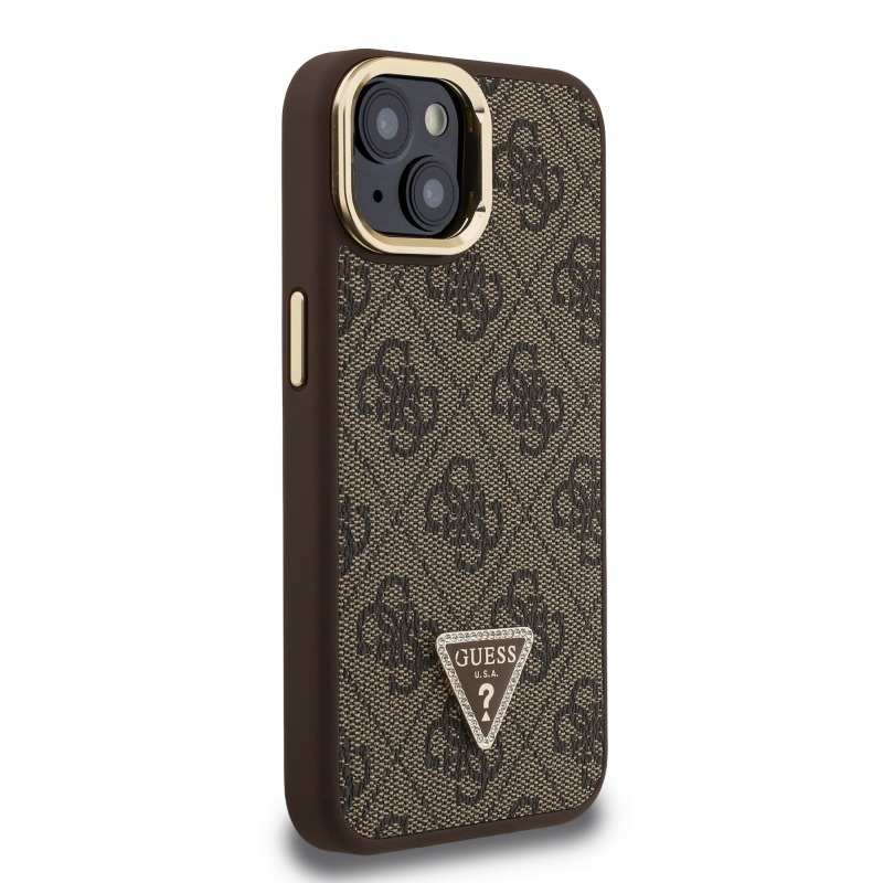 Guess PU 4G Strass Triangle Logo Stand Camera Frame MagSafe Zadný Kryt pre iPhone 14 Brown