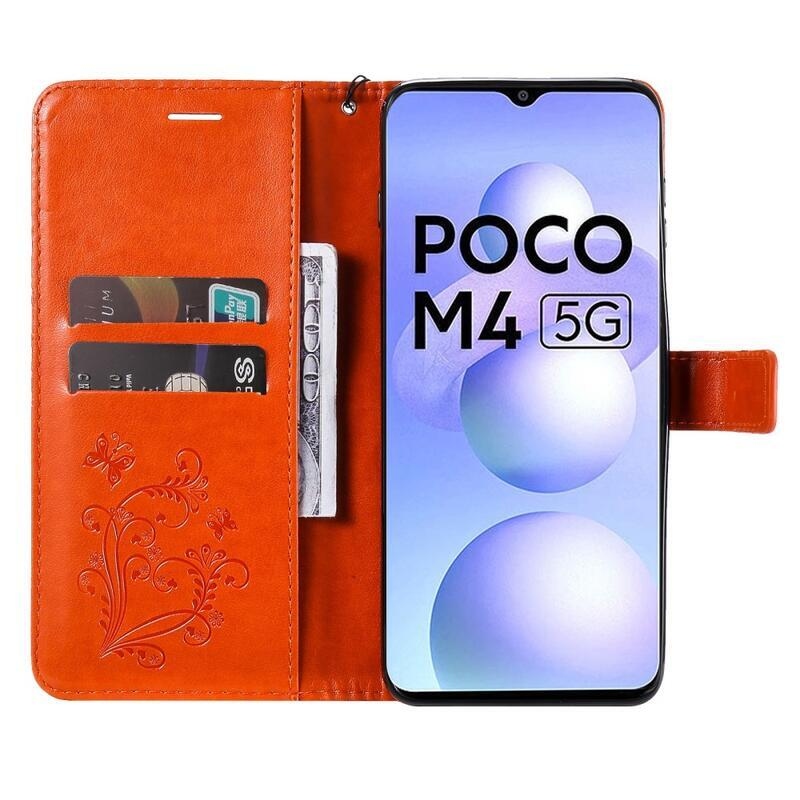 Butterfly peňaženkové púzdro pre mobil Xiaomi Poco M4 5G - oranžové