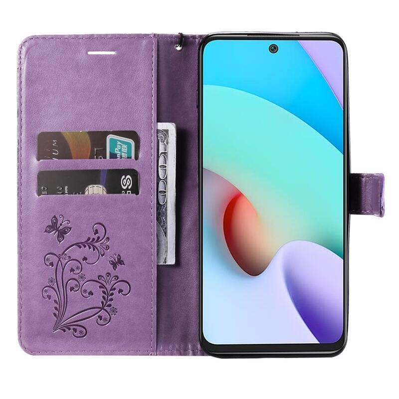 Butterfly PU kožené peněženkové puzdro na mobil Xiaomi Redmi 10/Redmi 10 (2022) - fialové